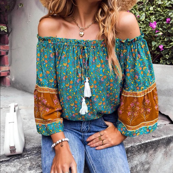 Bohemian Teal Green Floral Print Off Shoulder Top S M L XL - Picture 3 of 4